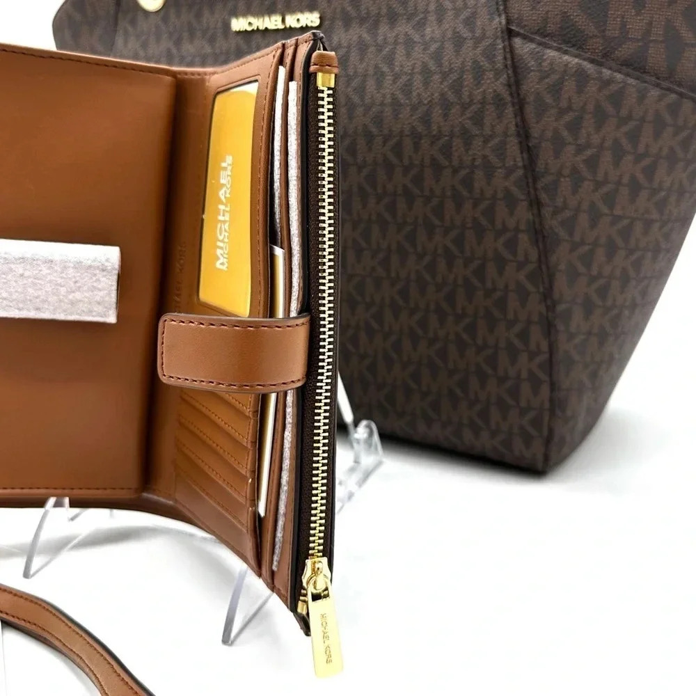 Michael Kors Large Jet Set Travel Chain Shoulder Bag & Double Zip Wallet Brown - Picture 14 of 15